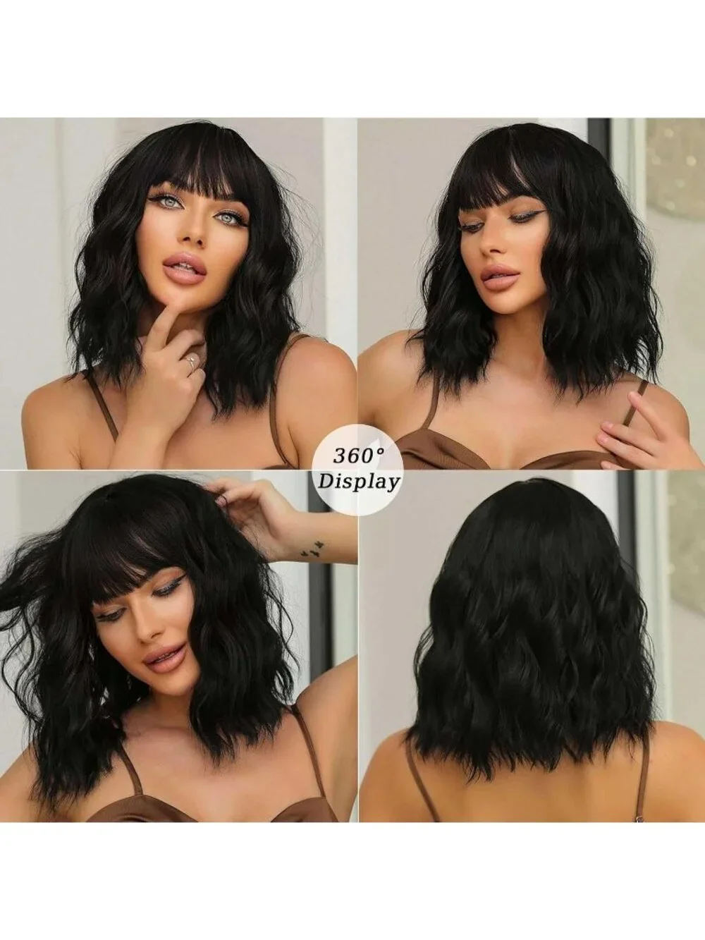 Women's Black 14 Inch Heat Resistant Short Bangs Bob Modern Wavy Wigs